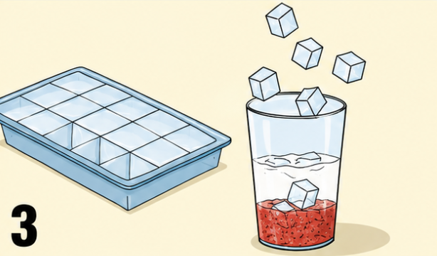 Eiswürfelform und Glas mit Eiswürfeln und rotem Getränk, Schritt 3